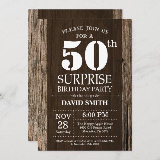 Surprise Rustic 50th Birthday Invitation  Kaart (Voorkant / Achterkant)