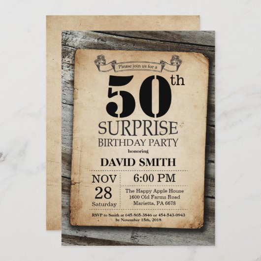 Surprise Rustic 50th Birthday Invitation  Kaart (Voorkant / Achterkant)