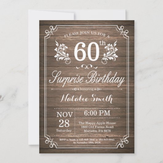 Surprise Rustic 60th Birthday Invitation Floral Kaart (Voorkant)