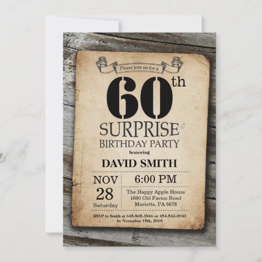 Surprise Rustic 60th Birthday Invitation Vintage Kaart (Voorkant)