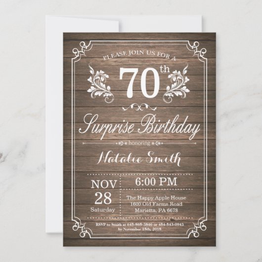 Surprise Rustic 70th Birthday Invitation Floral Kaart (Voorkant)
