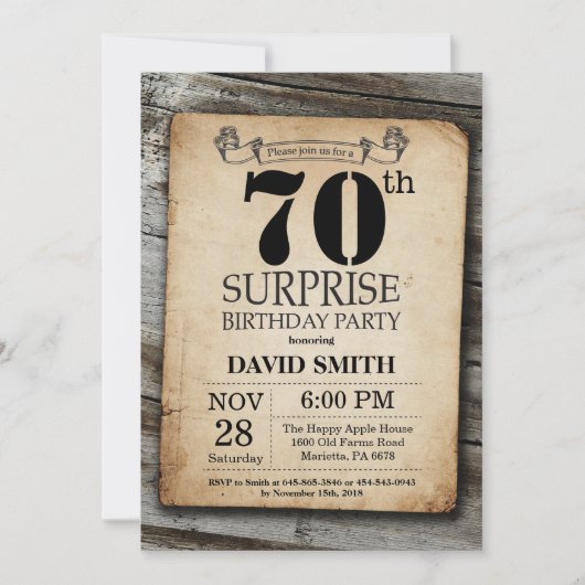 Surprise Rustic 70th Birthday Invitation Vintage Kaart (Voorkant)