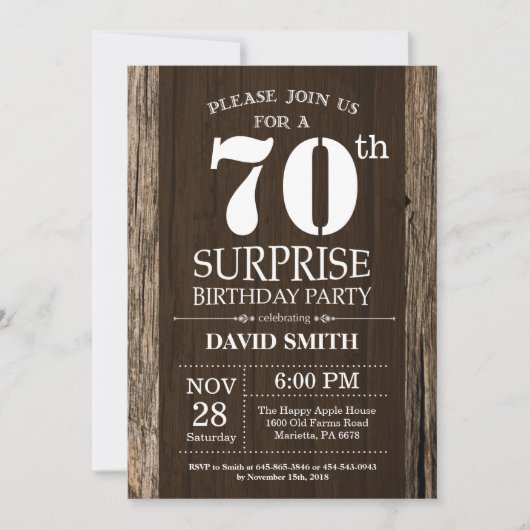 Surprise Rustic 70th Birthday Invitation Vintage Kaart (Voorkant)