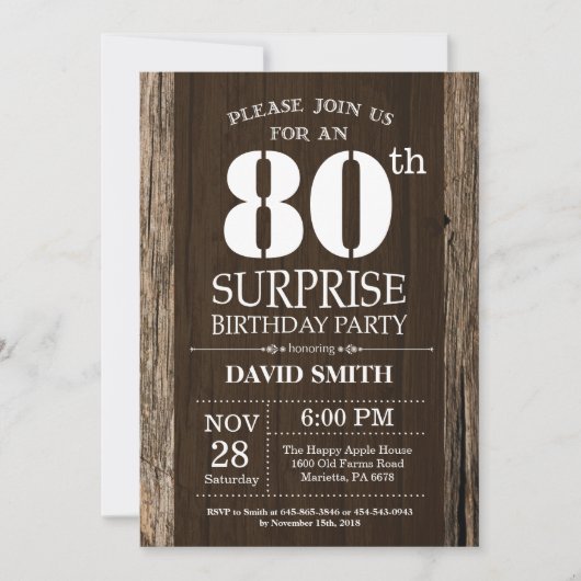Surprise Rustic 80th Birthday Invitation Vintage Kaart (Voorkant)
