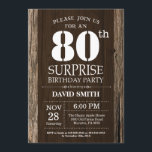 Surprise Rustic 80th Birthday Invitation Vintage Kaart<br><div class="desc">Verrassend Rustic 80th Birthday Invitation with Rustic Wood Background. Retroland. Volwassen verjaardag. Mannelijke Mannen of vrouwen: Birthday. Kinder jongen of meisje Lady Teenage Bday Invite. 13e 15e 16e 18e 21e 30e 40e 50e 60e 70e 90e 100e. Elke leeftijd. Voor verdere aanpassing, te klikken gelieve de knoop "van de Aanpassing het"en...</div>