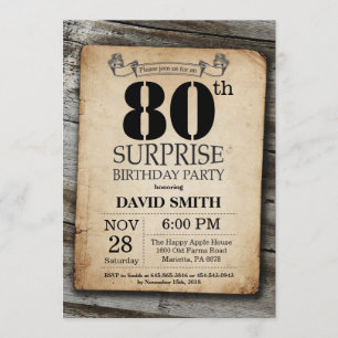 Surprise Rustic 80th Birthday Invitation Vintage Kaart