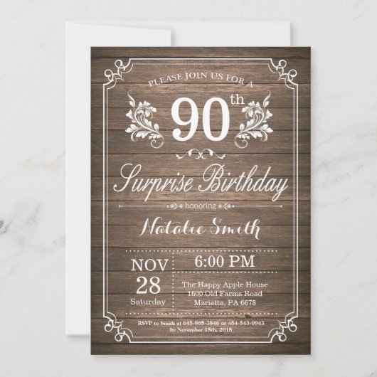 Surprise Rustic 90th Birthday Invitation Floral Kaart (Voorkant)