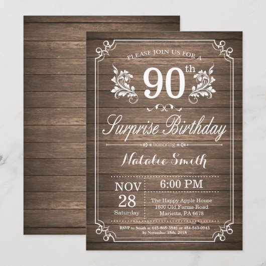 Surprise Rustic 90th Birthday Invitation Floral Kaart (Voorkant / Achterkant)