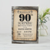 Surprise Rustic 90th Birthday Invitation Vintage Kaart (Staand voorkant)