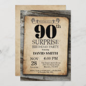 Surprise Rustic 90th Birthday Invitation Vintage Kaart (Voorkant / Achterkant)