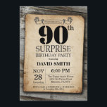 Surprise Rustic 90th Birthday Invitation Vintage Kaart<br><div class="desc">Verrassend Rustic 90th Birthday Invitation with Rustic Wood Background. Retroland. Volwassen verjaardag. Mannelijke Mannen of vrouwen: Birthday. Kinder jongen of meisje Lady Teen Teenage Bday Invite. 13e 15e 16e 18e 21e 30e 40e 50e 60e 70e 80e 90e 100e. Elke leeftijd. Voor verdere aanpassing, te klikken gelieve de knoop "van de...</div>