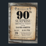 Surprise Rustic 90th Birthday Invitation Vintage Kaart<br><div class="desc">Verrassend Rustic 90th Birthday Invitation with Rustic Wood Background. Retroland. Volwassen verjaardag. Mannelijke Mannen of vrouwen: Birthday. Kinder jongen of meisje Lady Teen Teenage Bday Invite. 13e 15e 16e 18e 21e 30e 40e 50e 60e 70e 80e 90e 100e. Elke leeftijd. Voor verdere aanpassing, te klikken gelieve de knoop "van de...</div>