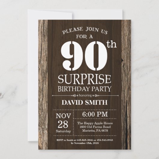 Surprise Rustic 90th Birthday Invitation Vintage Kaart (Voorkant)