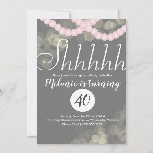 Surprise Shhhhhhhhhhh Pearl Bokeh Birthday Party Kaart (Voorkant)