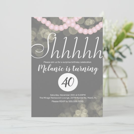 Surprise Shhhhhhhhhhh Pearl Bokeh Birthday Party Kaart (Staand voorkant)