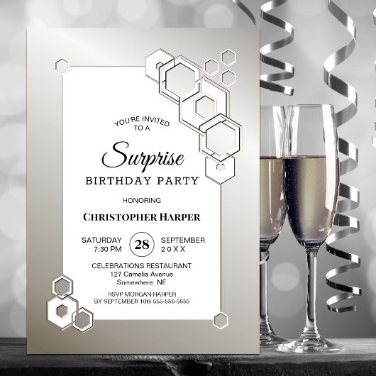 Surprise Silver Geometric Birthday Party Kaart