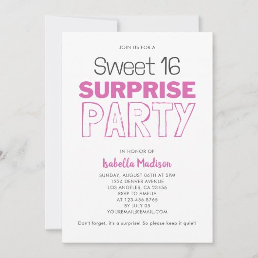 Surprise Sweet 16 roze verjaardagsfeestje Kaart (Voorkant)