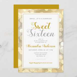 Surprise Sweet 16 Verjaardagsfeest   Gold Bokeh Kaart