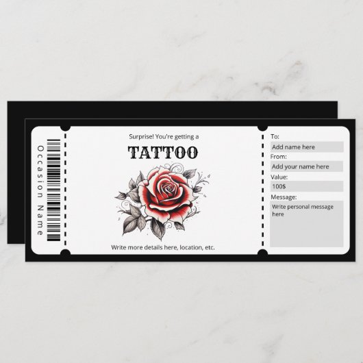 Surprise Tattoo Ticket Sjabloon, Kaart (Voorkant / Achterkant)