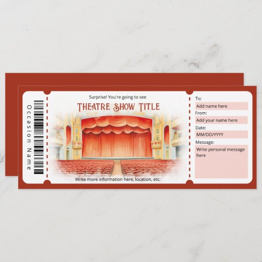 Surprise Theater Ticket Cadeaubon Sjabloon Kaart (Voorkant / Achterkant)