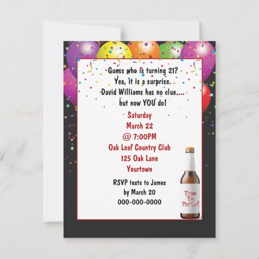 Surprise verjaardagsfeestje deur 21 jaar kaart (Achterkant)