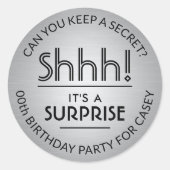 Surprise Verjaardagsfeestje Zwart en Zilver Faux F Ronde Sticker (Voorkant)