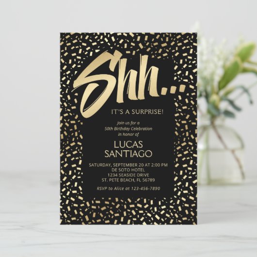 Surprise Zwart Goud Confetti Verjaardag Kaart (Staand voorkant)