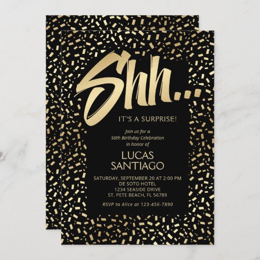 Surprise Zwart Goud Confetti Verjaardag Kaart (Voorkant / Achterkant)