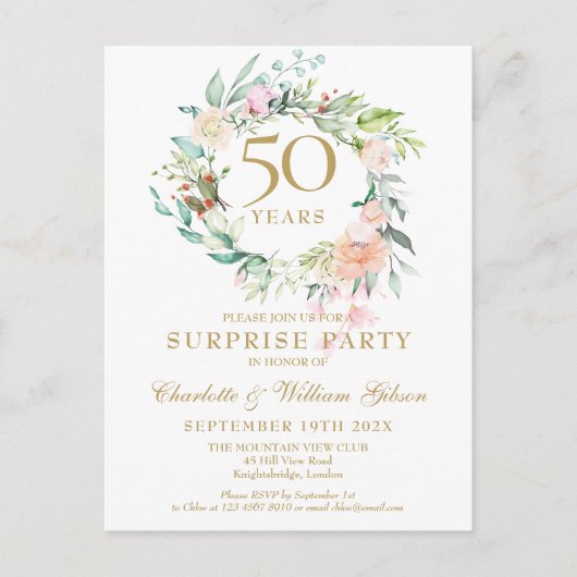 Surprisefeest 50-jarig jubileum rozen slinger uitnodiging briefkaart (Voorkant)