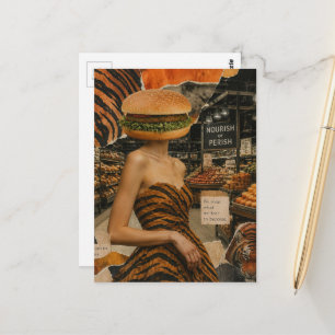 Surreal Abstract Dame met een Cheeseburger Hoofd Briefkaart
