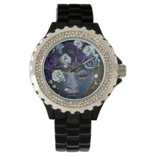 Surreal Abstract Indigo Face & Flowers Horloge