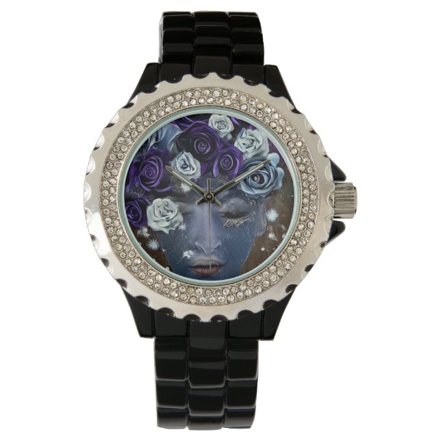 Surreal Abstract Indigo Face & Flowers Horloge (Voorkant)