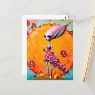 Surreal Alien Lady in Roze met Oranje Juice Briefkaart