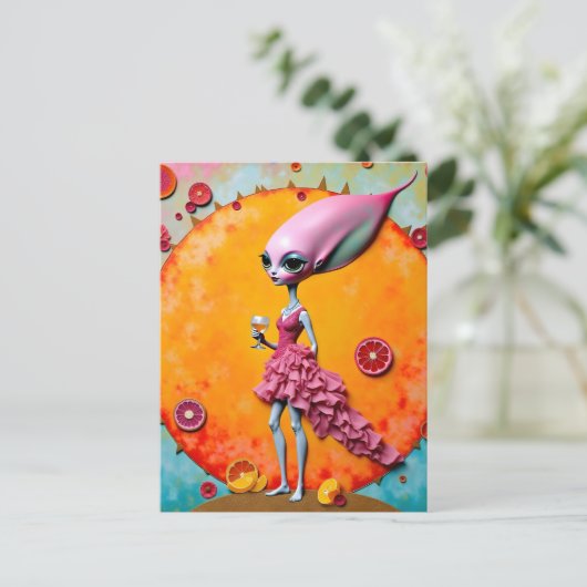 Surreal Alien Lady in Roze met Oranje Juice Briefkaart (Staand voorkant)