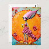 Surreal Alien Lady in Roze met Oranje Juice Briefkaart (Voorkant / Achterkant)