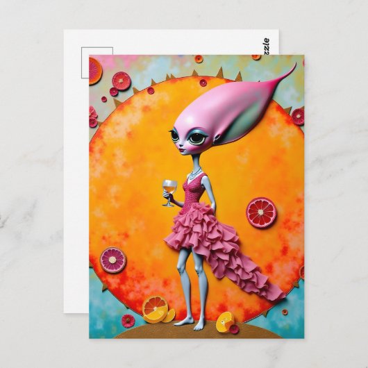 Surreal Alien Lady in Roze met Oranje Juice Briefkaart (Voorkant / Achterkant)