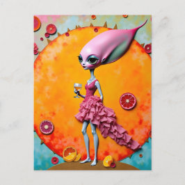 Surreal Alien Lady in Roze met Oranje Juice Briefkaart