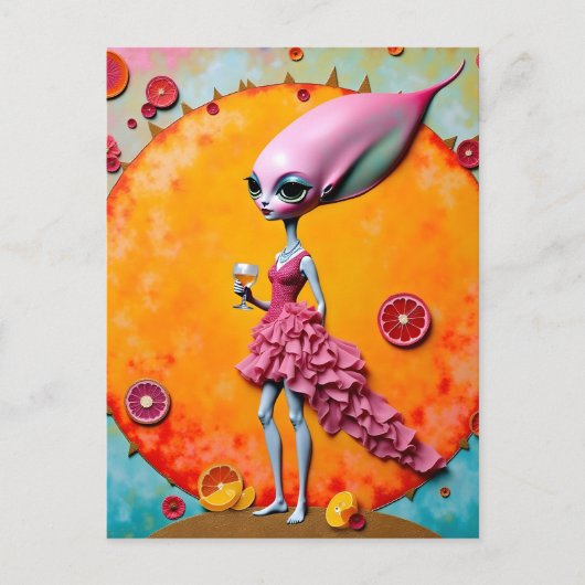 Surreal Alien Lady in Roze met Oranje Juice Briefkaart (Voorkant)