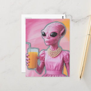 Surreal Alien Lady in Roze met Oranje Juice Briefkaart