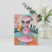 Surreal Alien Lady in Roze met Oranje Juice Briefkaart (Staand voorkant)