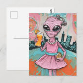 Surreal Alien Lady in Roze met Oranje Juice Briefkaart (Voorkant / Achterkant)