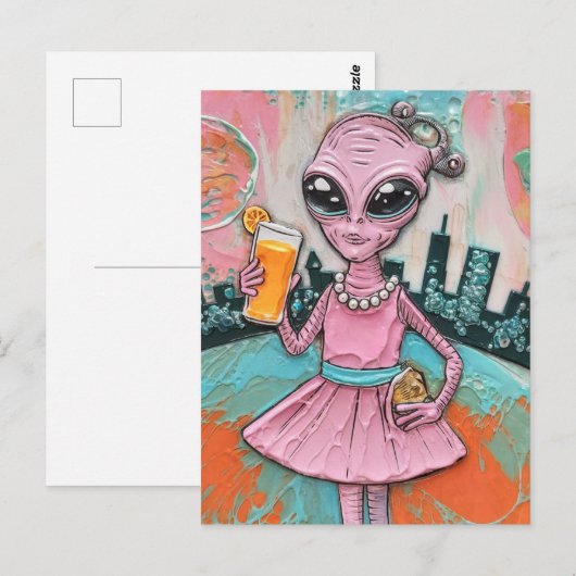 Surreal Alien Lady in Roze met Oranje Juice Briefkaart (Voorkant / Achterkant)