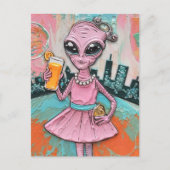 Surreal Alien Lady in Roze met Oranje Juice Briefkaart (Voorkant)