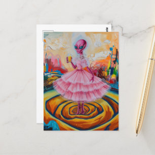 Surreal Alien Lady in Roze met Oranje Juice Briefkaart