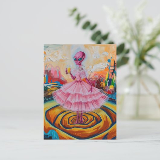 Surreal Alien Lady in Roze met Oranje Juice Briefkaart (Staand voorkant)