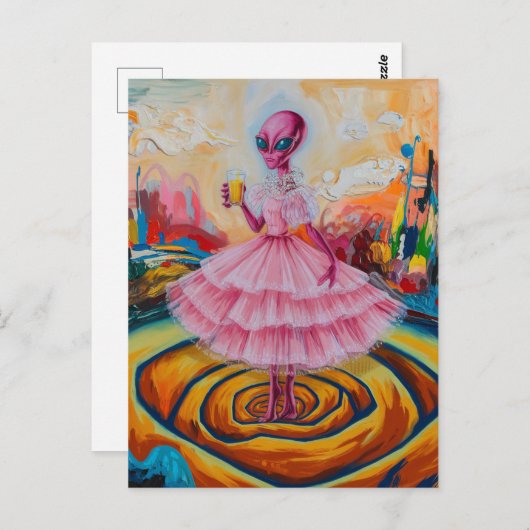 Surreal Alien Lady in Roze met Oranje Juice Briefkaart (Voorkant / Achterkant)