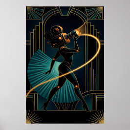 Surreal Art Deco Camera Woman Gold Silhouette Poster