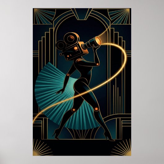 Surreal Art Deco Camera Woman Gold Silhouette Poster (Voorkant)