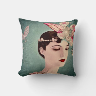 Surreal Art Deco-meisje & vlinders Kussen