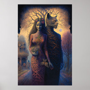 Surreal art. Woman and a cat man holding hands Poster